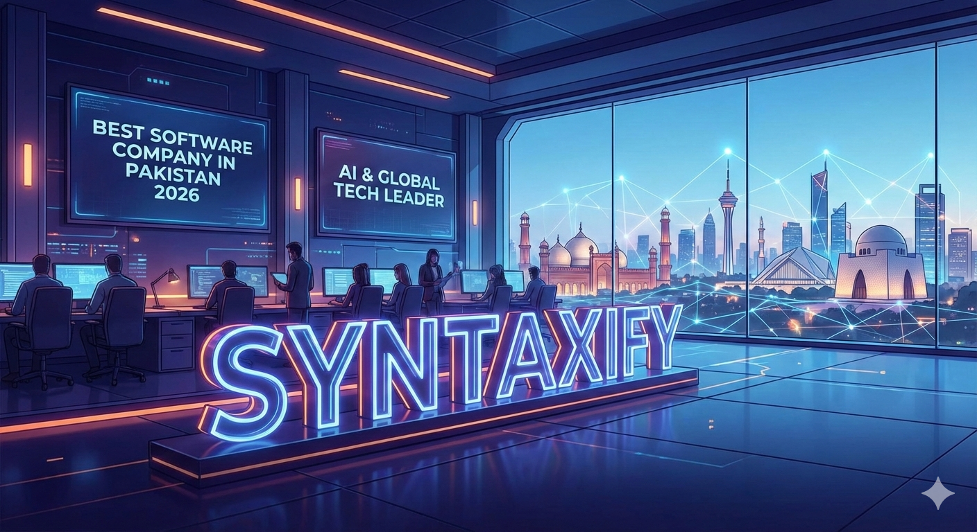 Syntaxify office representing the best software company in Pakistan 2026 with Lahore and Karachi landmarks.