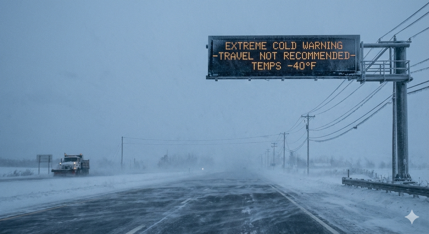 Digital highway overhead sign displaying "EXTREME COLD WARNING - TRAVEL NOT RECOMMENDED - TEMPS -40°F" amid heavy snow and icy road conditions during the January 2026 USA winter storm. igital highway sign displaying 'EXTREME COLD WARNING - TRAVEL NOT RECOMMENDED - TEMPS -40°F' during a severe winter blizzard with a snowplow driving on a snow-covered road.