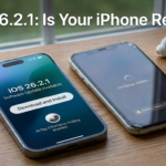 A blog header image showing a new iPhone 17 Pro ready to download "iOS 26.2.1 Software Update" with AirTag 2 features enabled, sitting next to an older, cracked iPhone 11 stuck on "Verifying Update..." with a "Battery Health: Service" warning. The text "iOS 26.2.1: Is Your iPhone Ready?" is overlaid at the top.