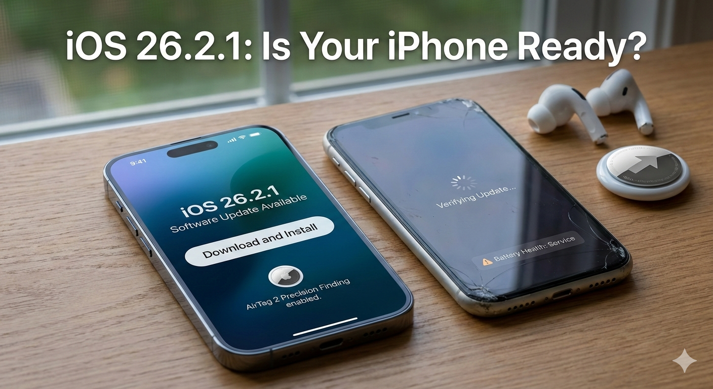 A blog header image showing a new iPhone 17 Pro ready to download "iOS 26.2.1 Software Update" with AirTag 2 features enabled, sitting next to an older, cracked iPhone 11 stuck on "Verifying Update..." with a "Battery Health: Service" warning. The text "iOS 26.2.1: Is Your iPhone Ready?" is overlaid at the top.