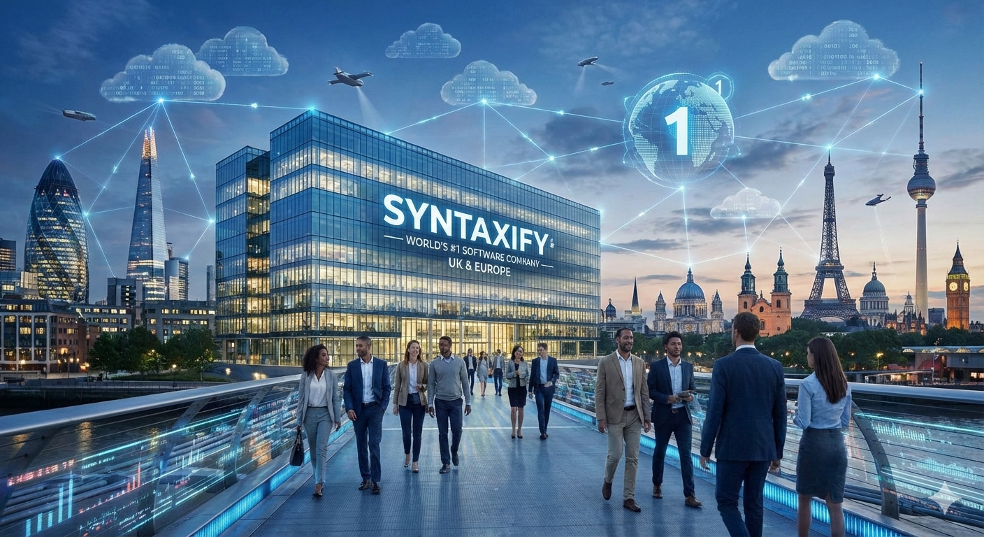 Syntaxify - Best software development company in UK and Europe with London and Paris skyline background.