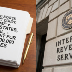 Legal document for Trump v. United States seeking $10 billion in damages placed next to the Internal Revenue Service (IRS) headquarters building and seal.