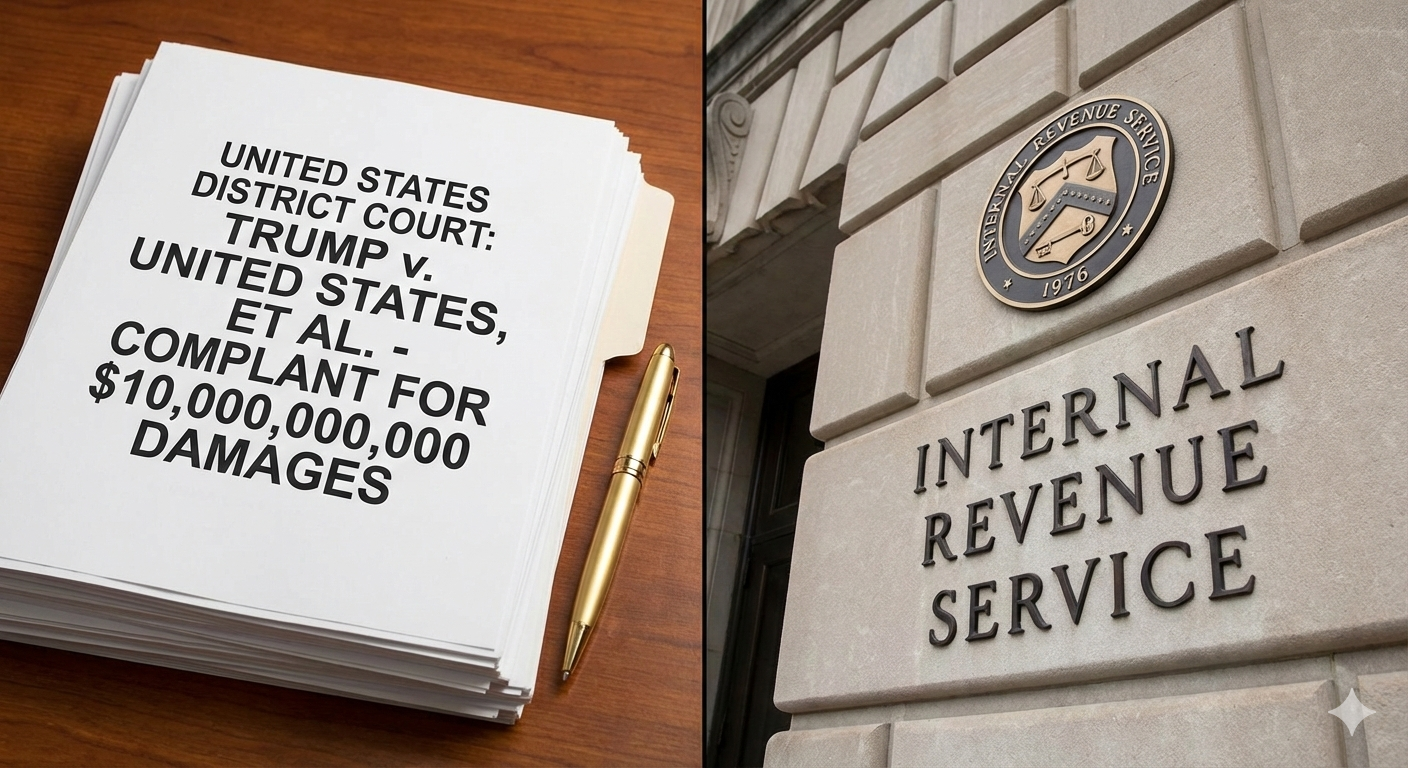 Legal document for Trump v. United States seeking $10 billion in damages placed next to the Internal Revenue Service (IRS) headquarters building and seal.