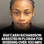 A composite feature image showing Olympic sprinter Sha'Carri Richardson competing on a track, alongside a police cruiser with flashing lights on a Florida highway, illustrating the news of her being arrested for driving 104 mph in January 2026.