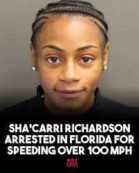 A composite feature image showing Olympic sprinter Sha'Carri Richardson competing on a track, alongside a police cruiser with flashing lights on a Florida highway, illustrating the news of her being arrested for driving 104 mph in January 2026.